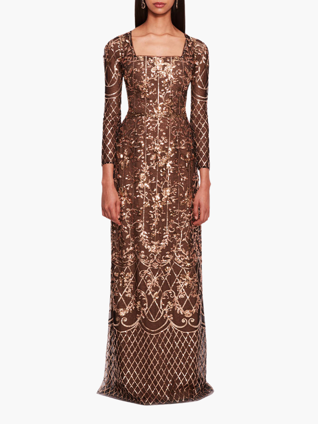 Sequin Lattice Sleeved Gown | Black/Gold