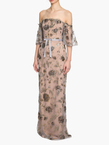 Illusion Murals Off The Shoulder Beaded Illusion Column Gown | Mixed Metals