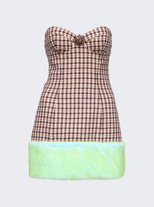 Women | AREA | Faux Fur Trim Strapless Mini Dress | Caramel