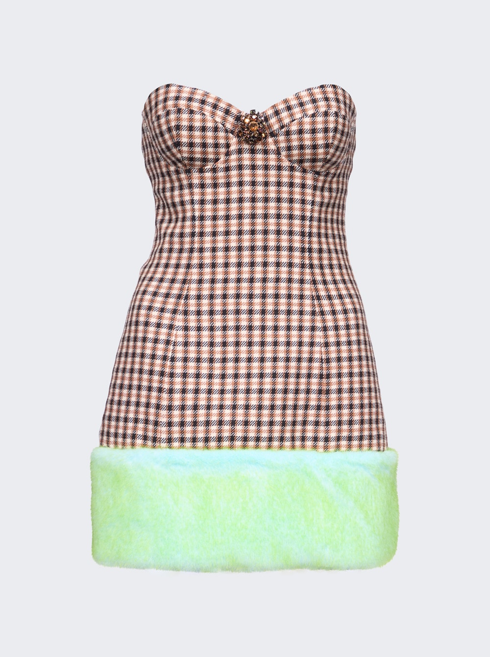 Women | AREA | Faux Fur Trim Strapless Mini Dress | Caramel