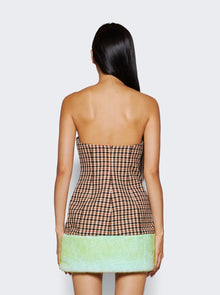 Women | AREA | Faux Fur Trim Strapless Mini Dress | Caramel