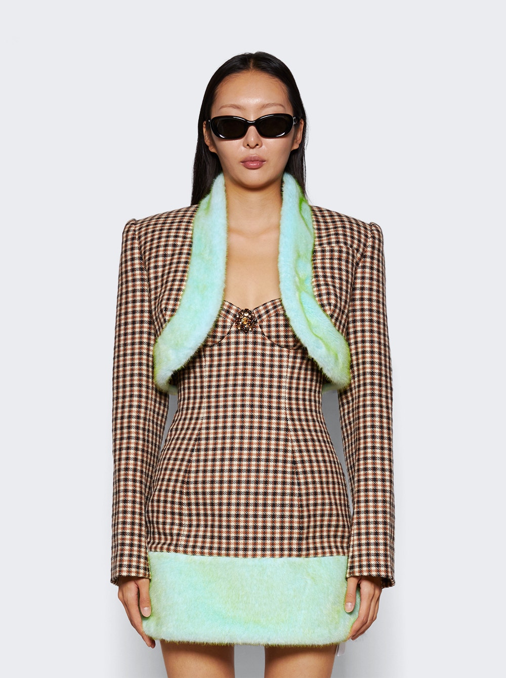 Women | AREA | Faux Fur Trim Cropped Blazer | Caramel