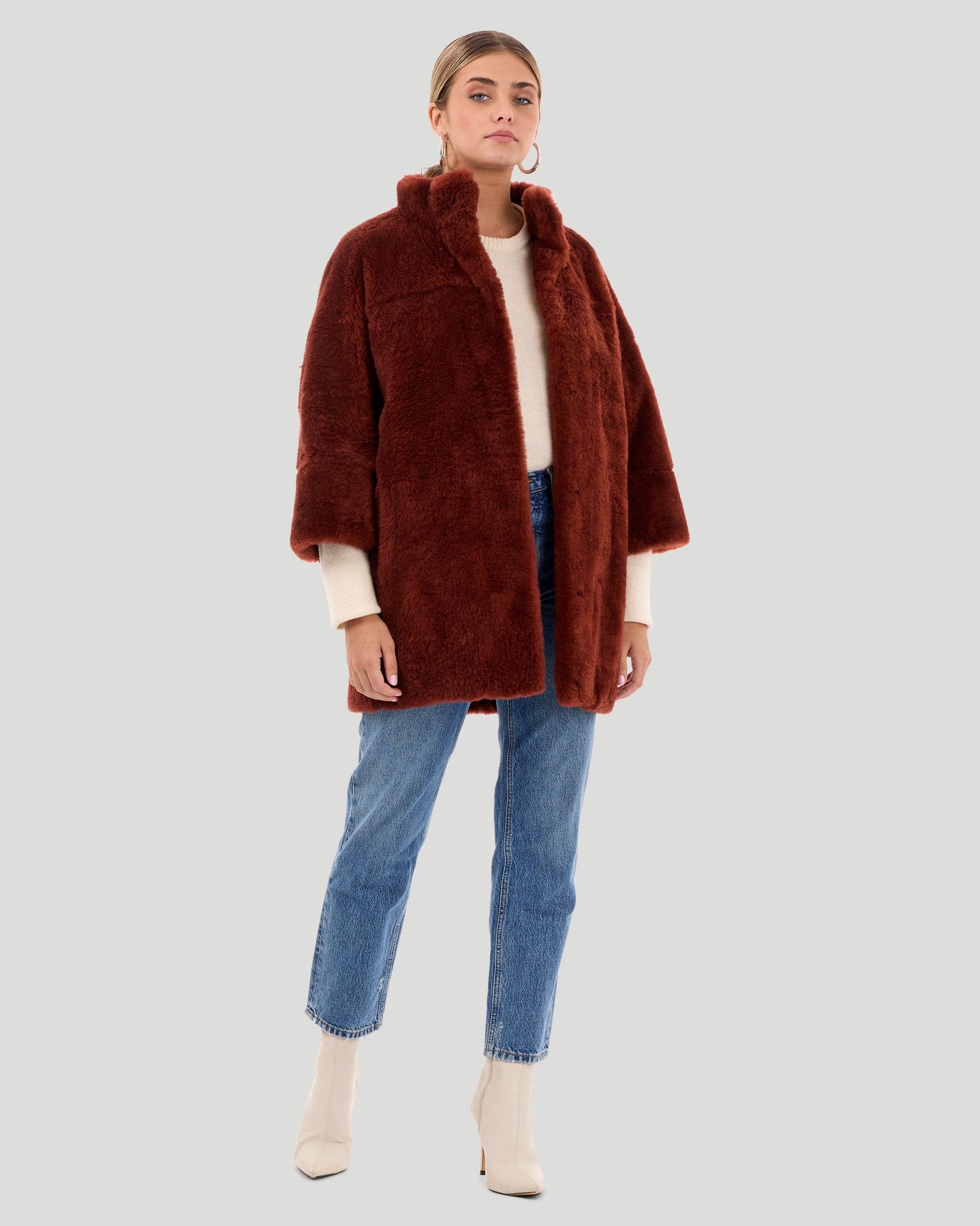 Cashmere Goat Jacket With Stand Collar And Cropped Sleeves | Women | Caramel