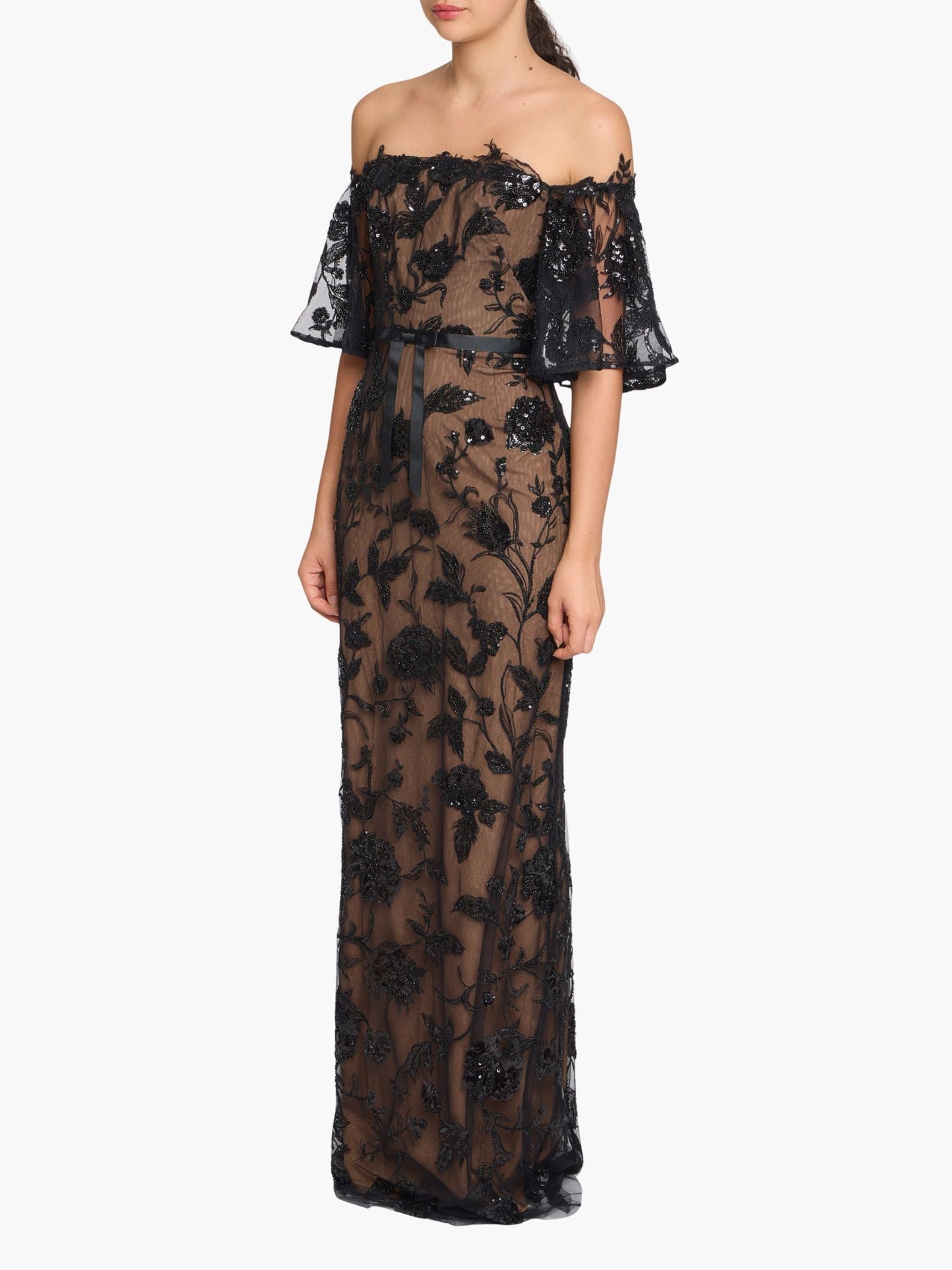 Illusion Murals Off The Shoulder Beaded Illusion Column Gown | Black