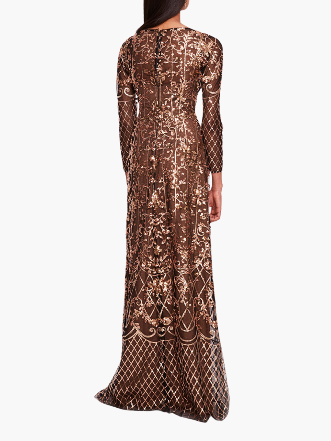 Sequin Lattice Sleeved Gown | Black/Gold