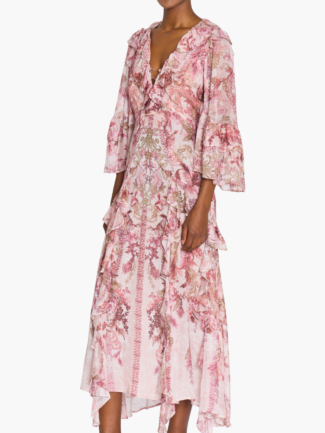 Reverie Cascading Ruffle Chiffon Midi Dress | Blush Multi