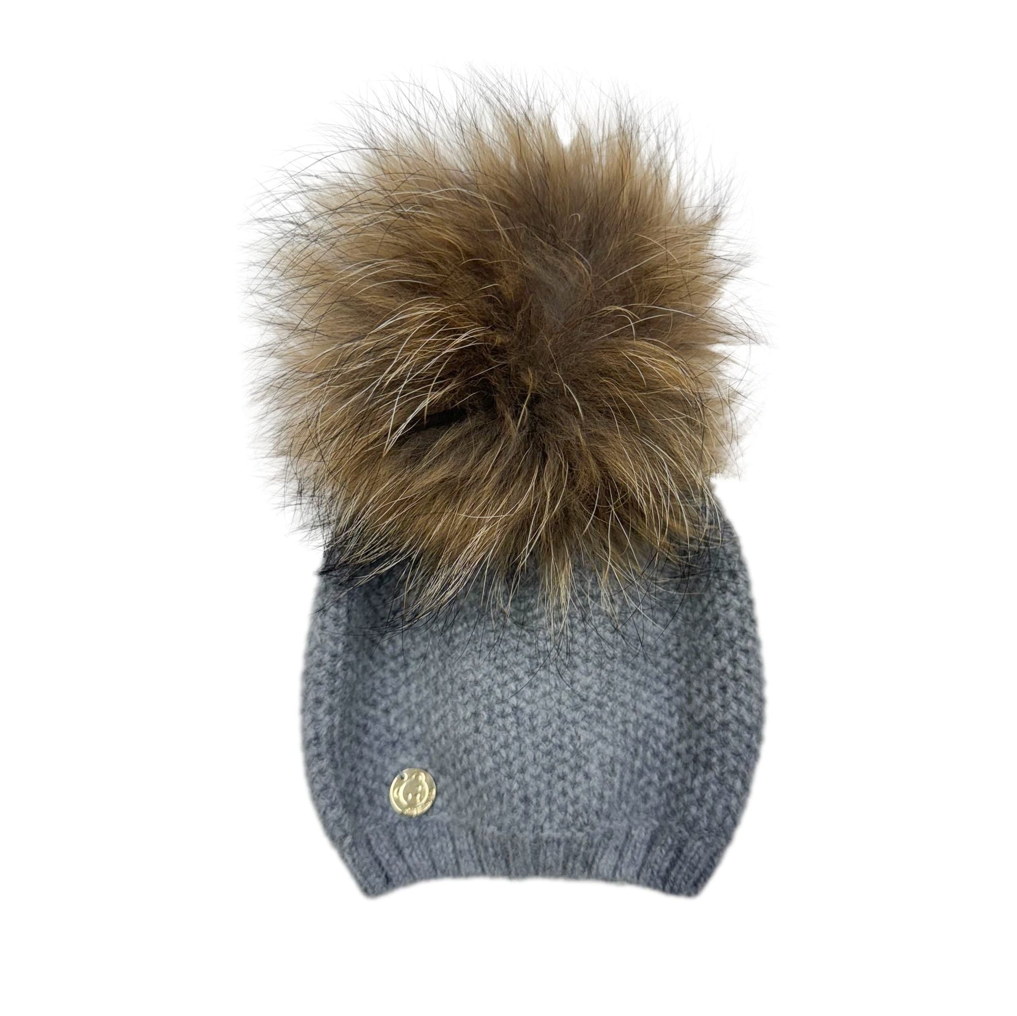Unisex | Honeycomb Grey Cashmere Beanie Hats Natural Pom | Gray