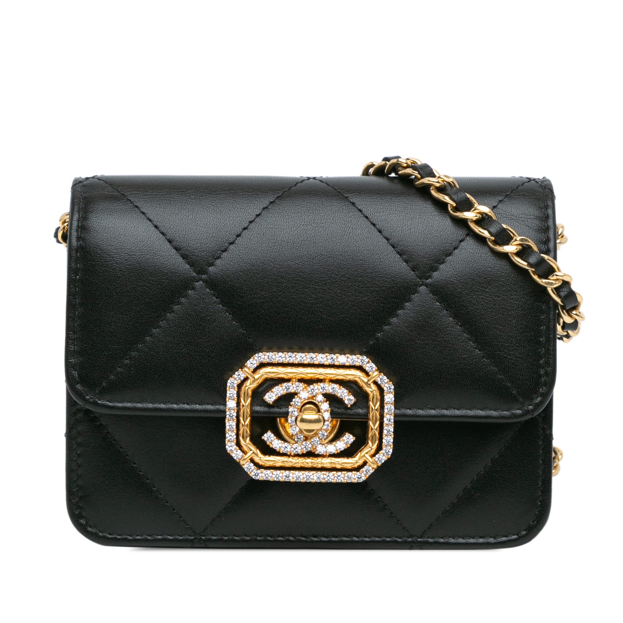 Chanel | Pre-Owned Quilted Calfskin Strass Card Holder On Chain | Black