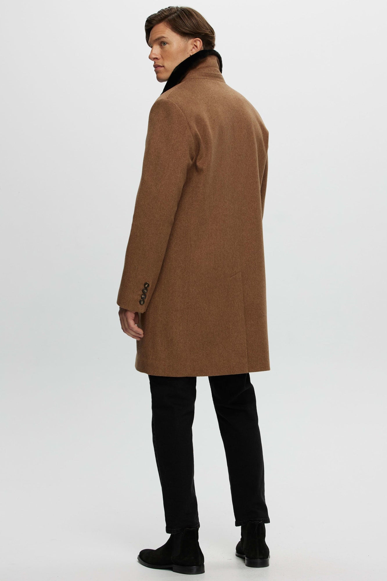 Loro Piana Wool Short Coat With Select Shearling Lamb Collar | Men | Camel