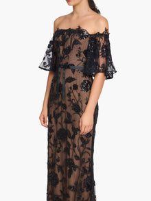 Illusion Murals Off The Shoulder Beaded Illusion Column Gown | Black