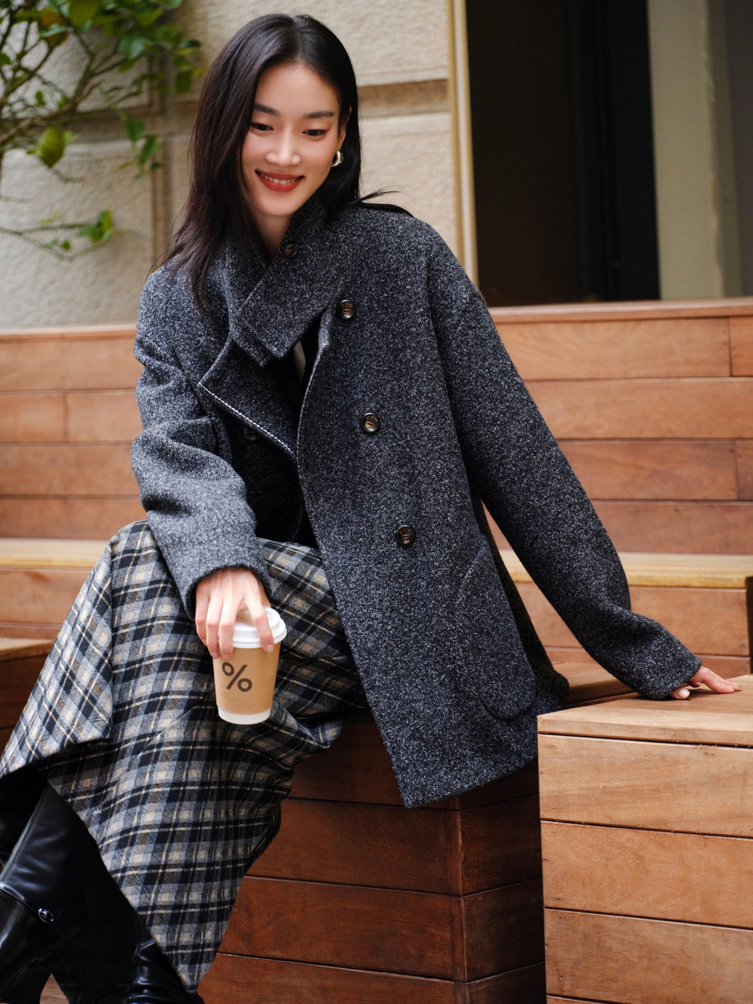 British Style Boucle Wool Yak Wool Woolen Coat | Grey