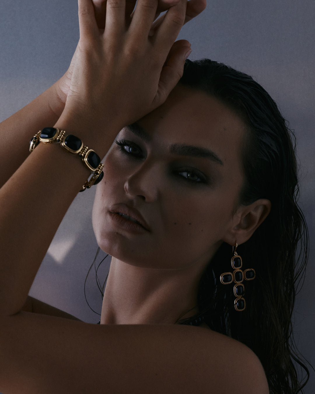 The Midnight Mesa Cross Earrings | Black Agate | Gold