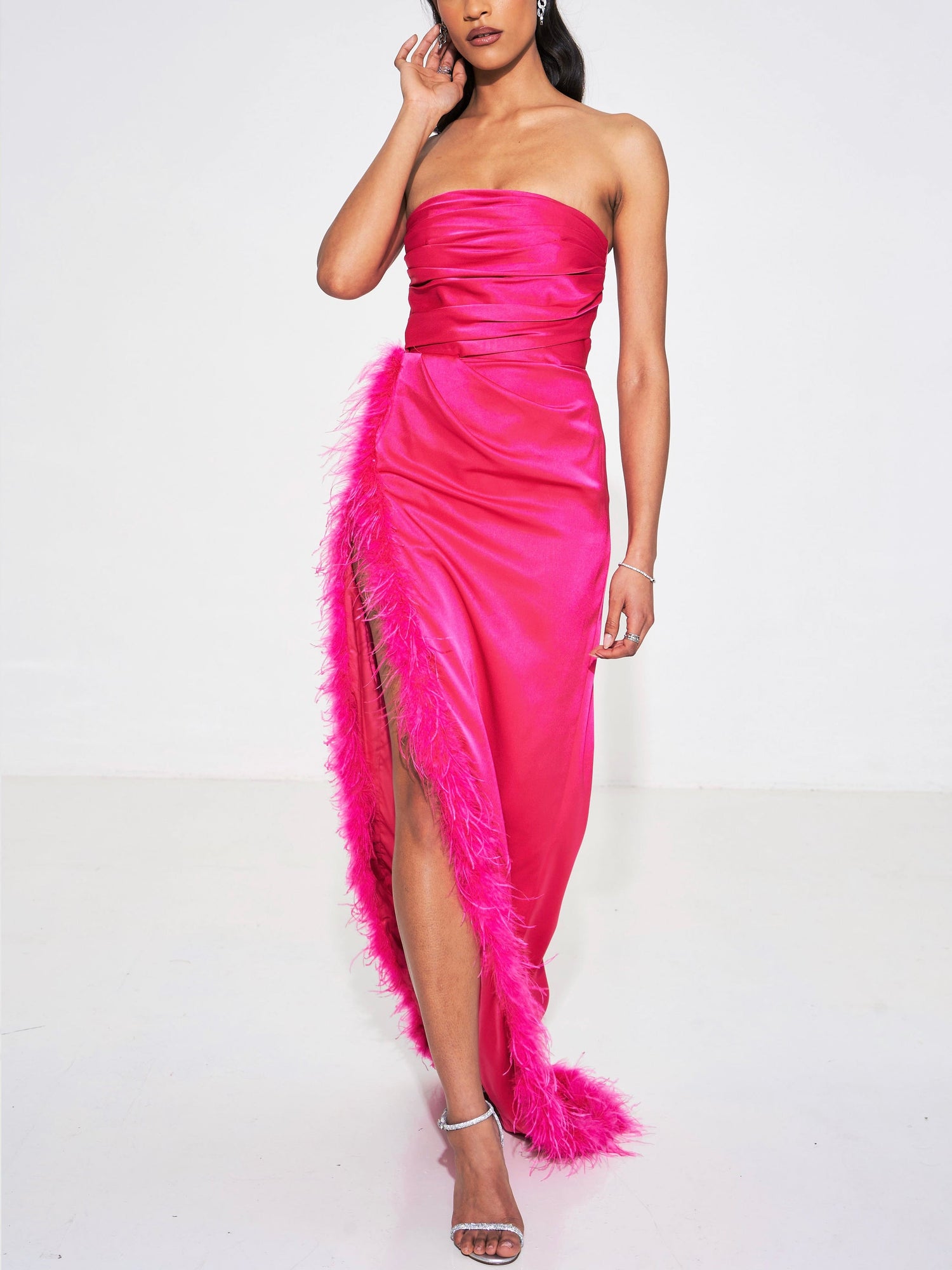 Perrin Fuchsia Feather Dress High Slit Gown | Pink