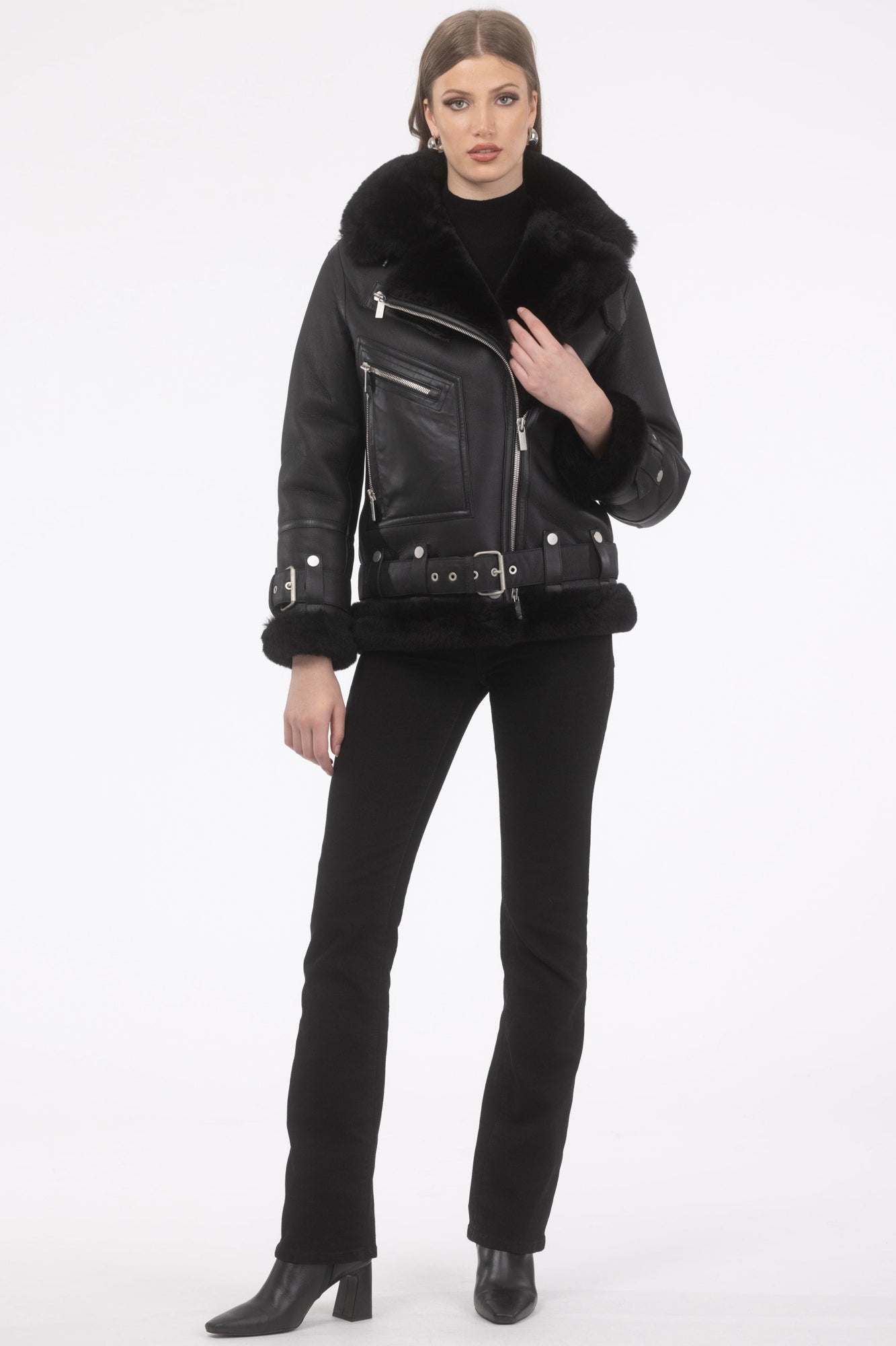 Select Shearling Lamb Zip Moto Jacket | Women | Black