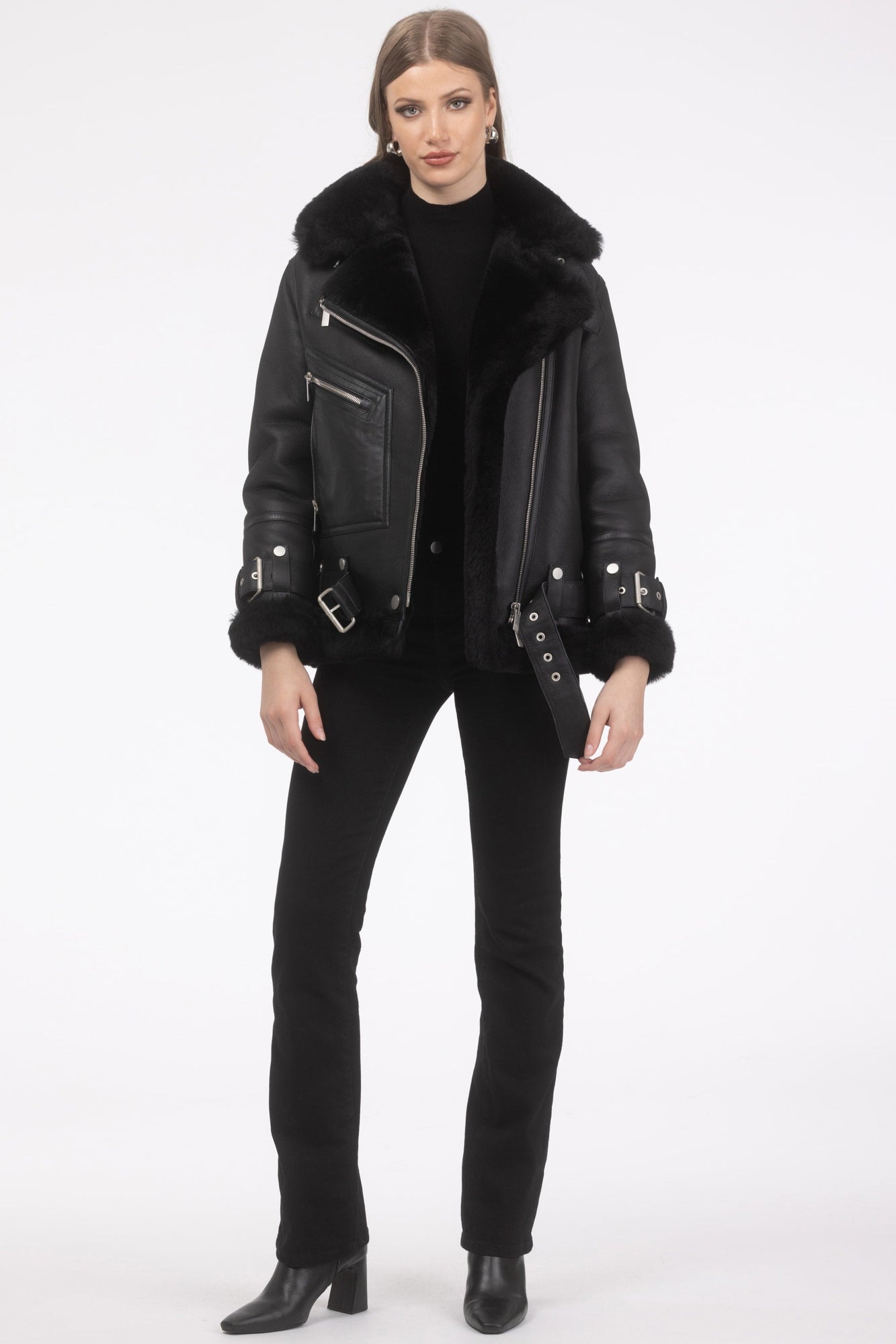 Select Shearling Lamb Zip Moto Jacket | Women | Black