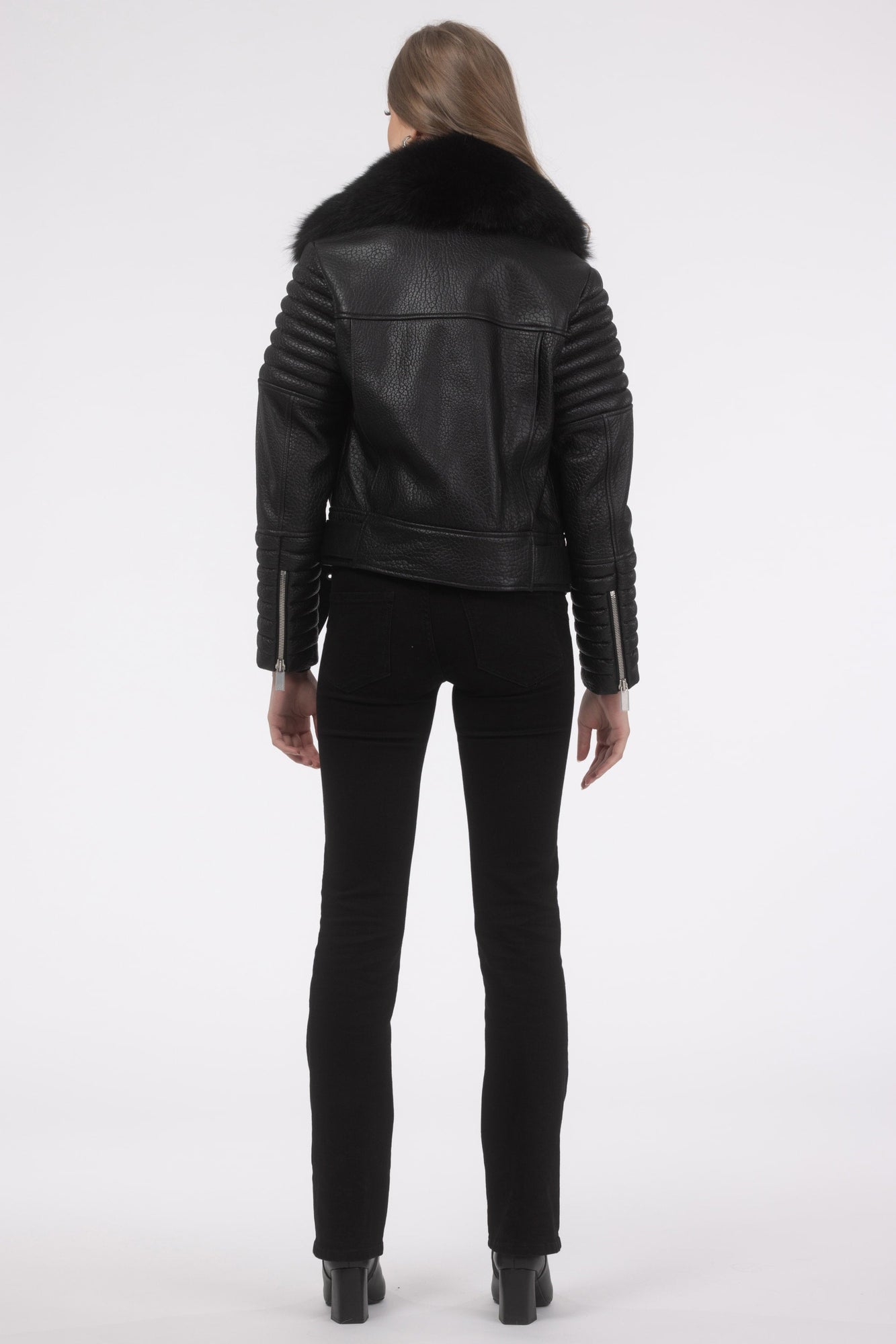 Select Lambskin Moto Zip Jacket With Detachable Toscana Shearling Lamb Collar | Women | Black