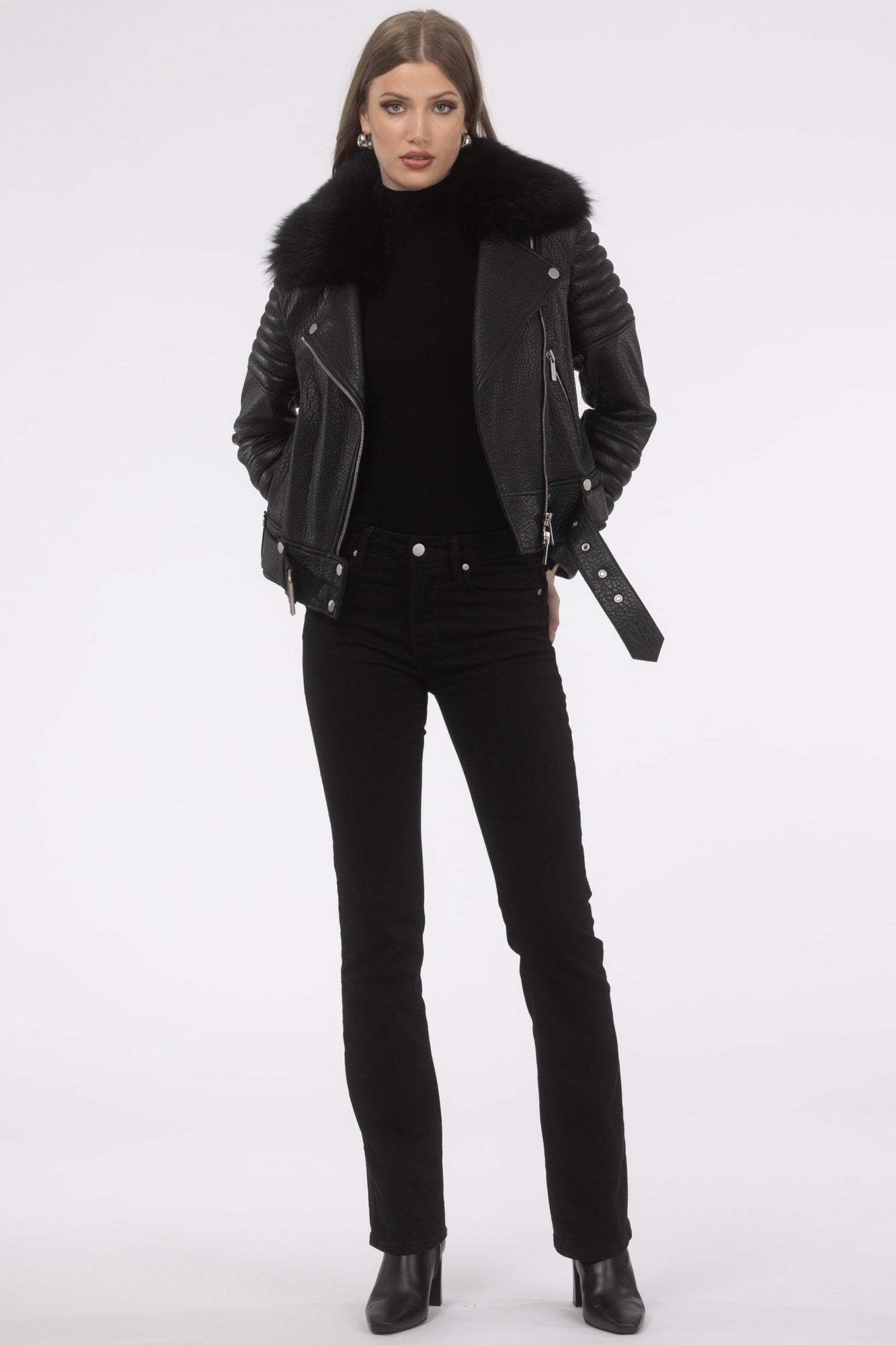 Select Lambskin Moto Zip Jacket With Detachable Toscana Shearling Lamb Collar | Women | Black