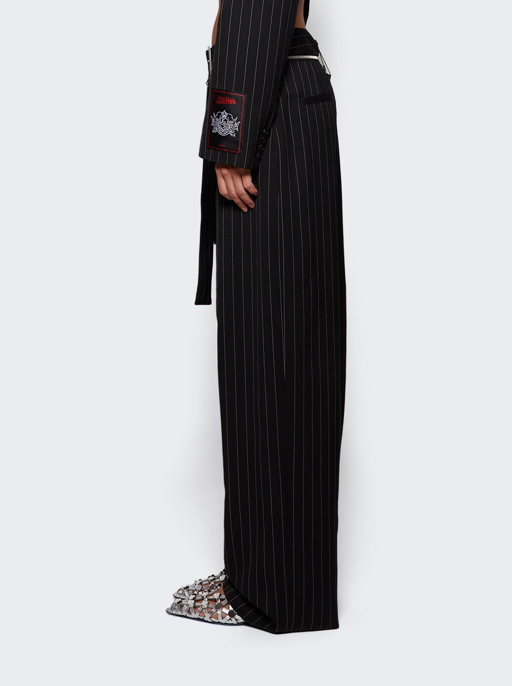 Women | Jean Paul Gaultier | Pinstripe Wool Belted Suit Pants | Black