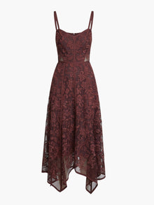 Victorian Corded Lace Ribbon Strap Handkerchief Hem Midi Dress | Brown