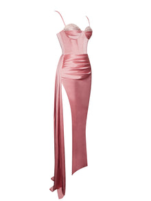 Vanity Blush Satin High Slit Draping Corset Gown With Crystals | Pink