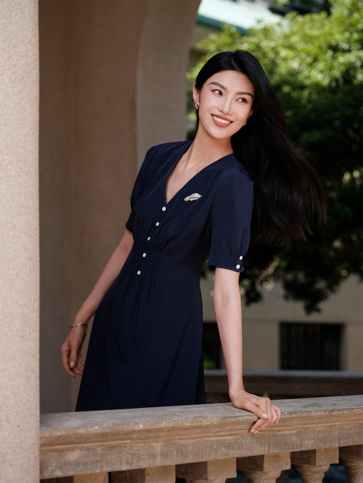 Silk V-Neck Dress | Navy