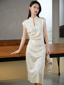 Traditional Style Silk Dress | Beige