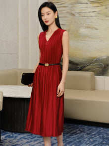 Pleated Waist-Cinched Dress | Red