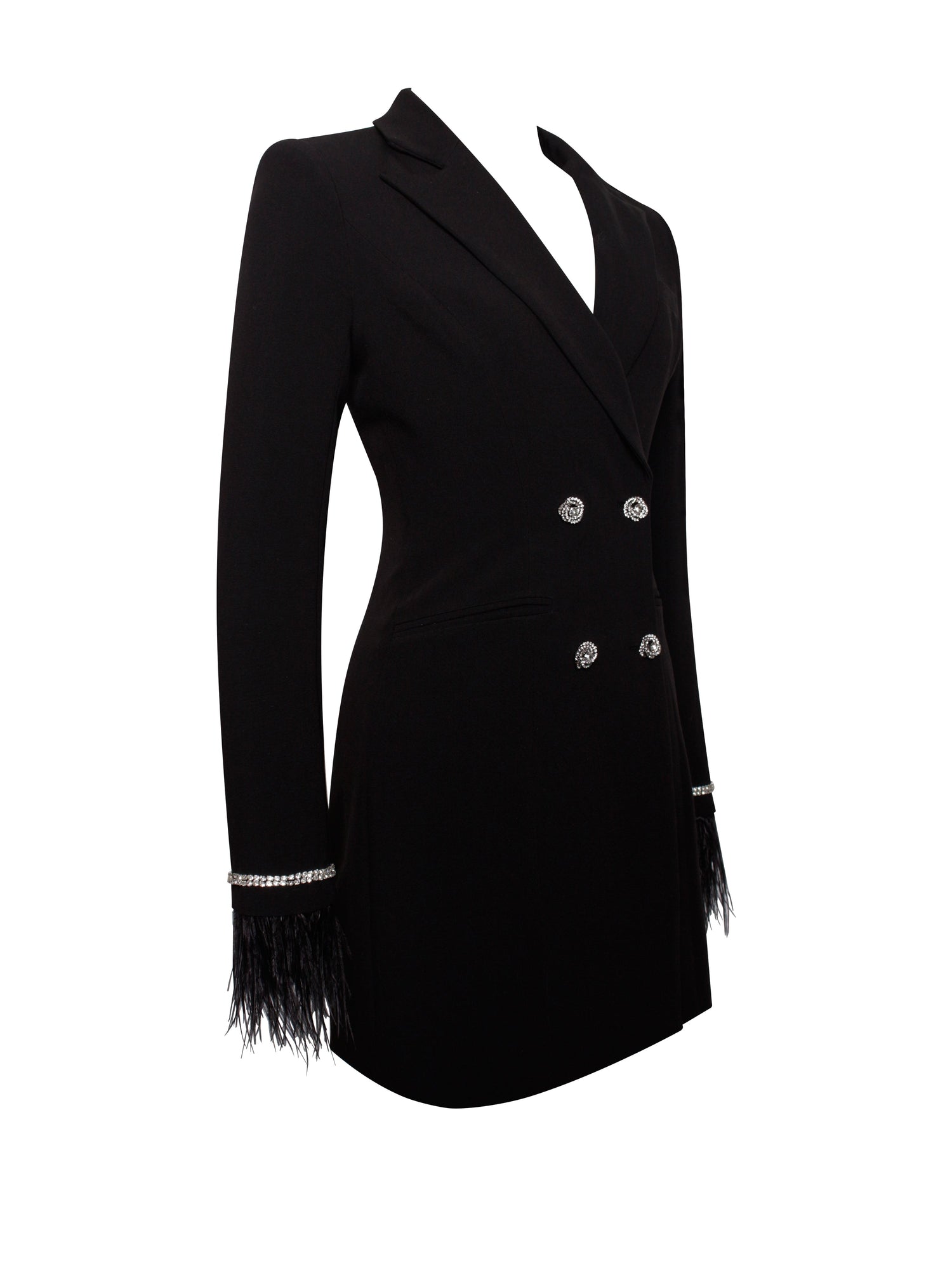 Quilla Feather Crystal Sleeve Backless Blazer Dress | Black