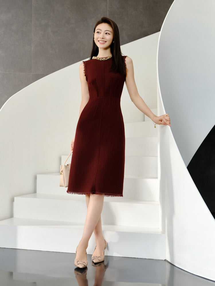 Elegant Pure Wool Dress | Wine Red