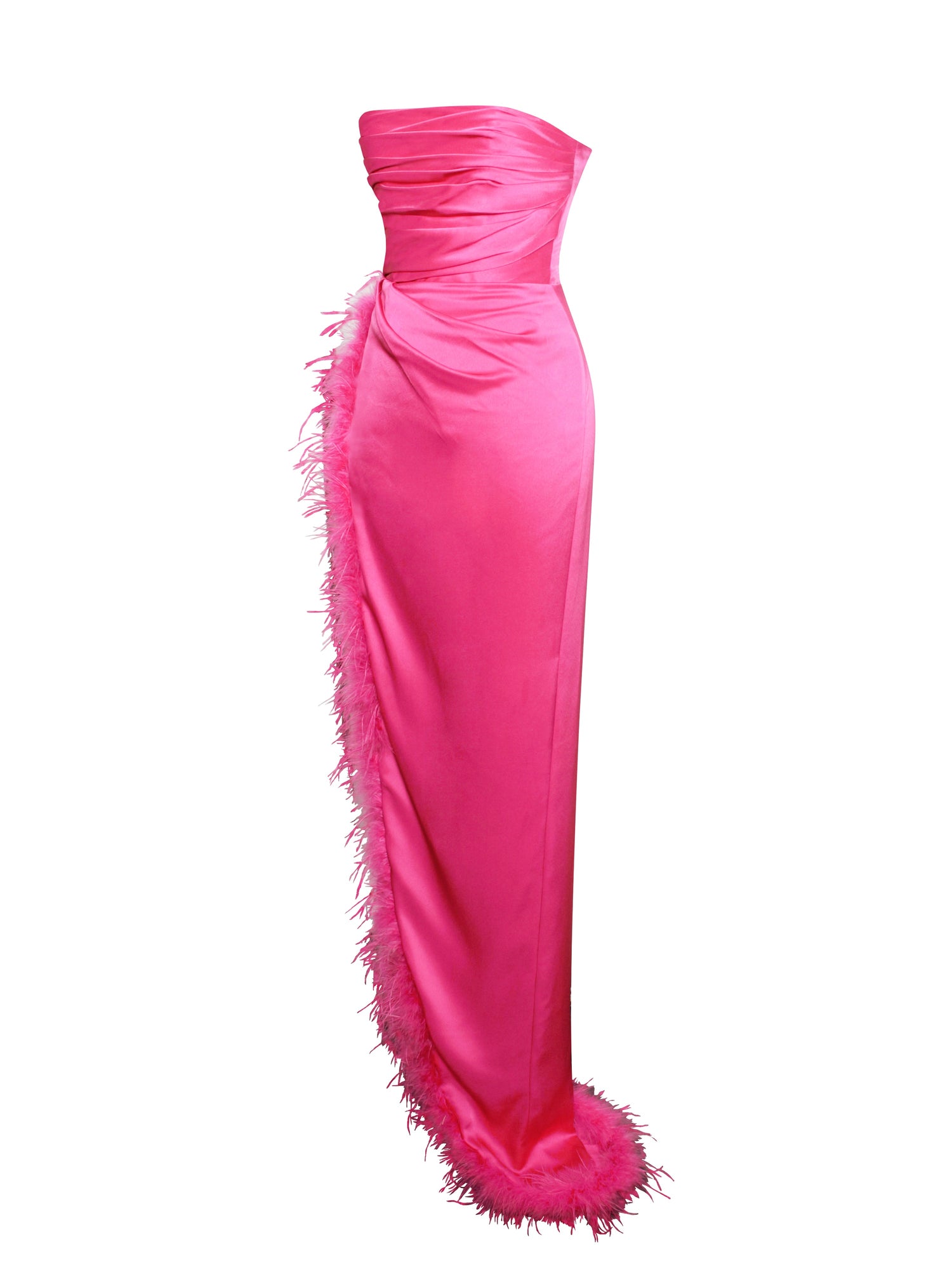 Perrin Fuchsia Feather Dress High Slit Gown | Pink