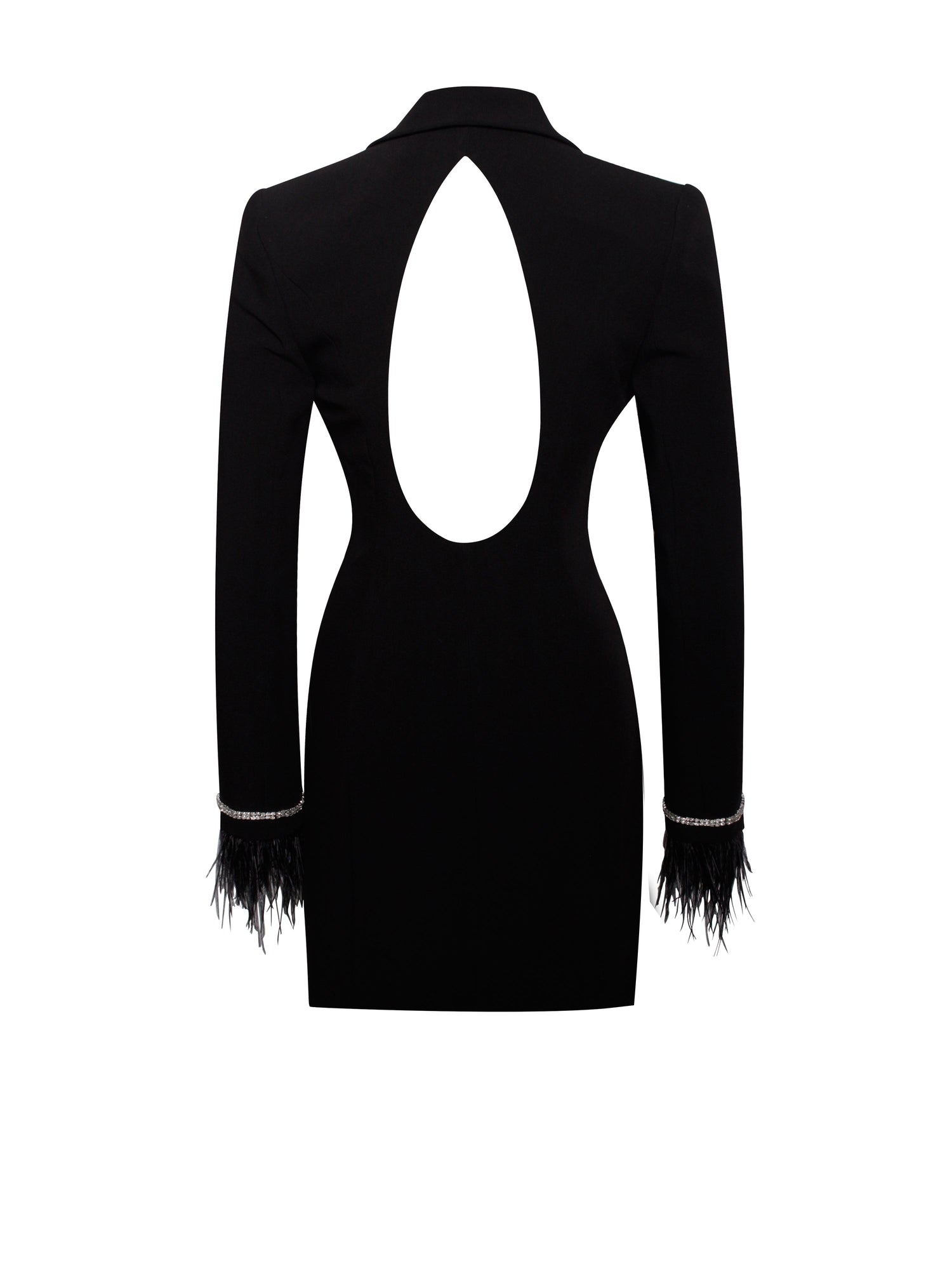 Quilla Feather Crystal Sleeve Backless Blazer Dress | Black