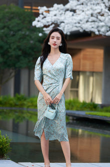 Silk Printed Tea Dress | Green