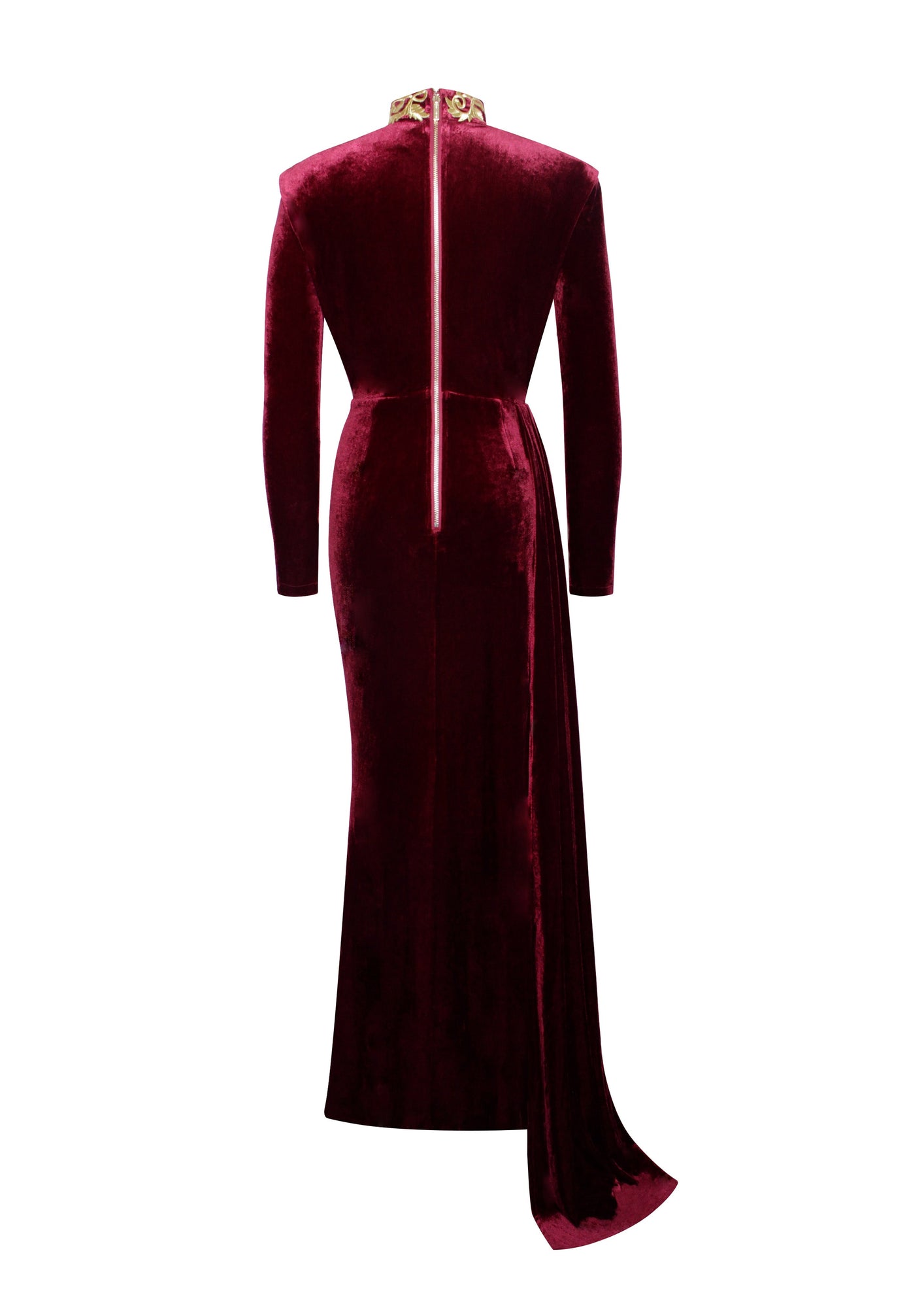 Zenaida Cutout High Slit Velvet Gown | Burgundy