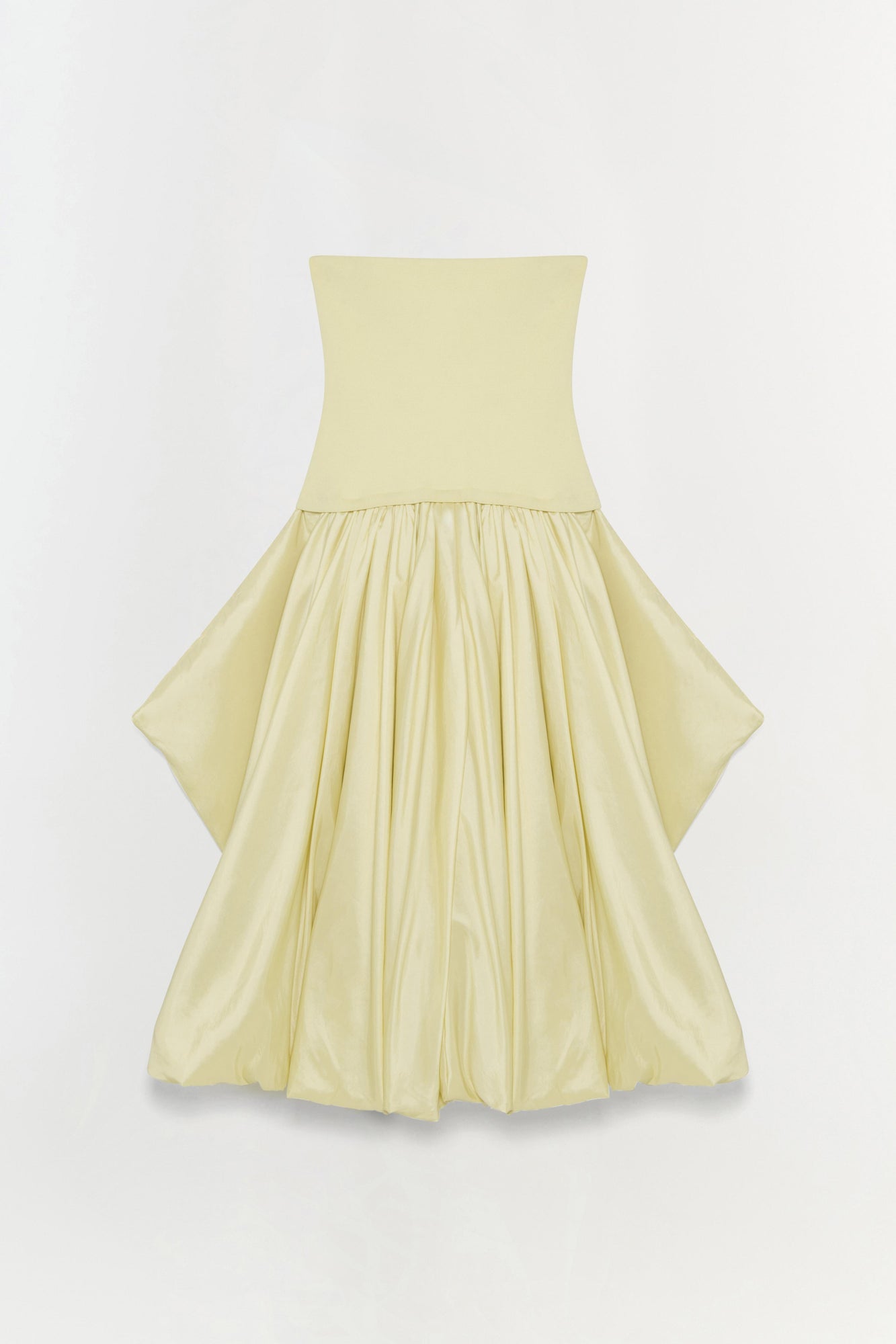 Pale yellow strapless midi dress with fitted bodice and pleated skirt.