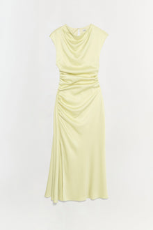 Pale yellow satin midi dress with cap sleeves, cowl neckline, and ruched side detail.