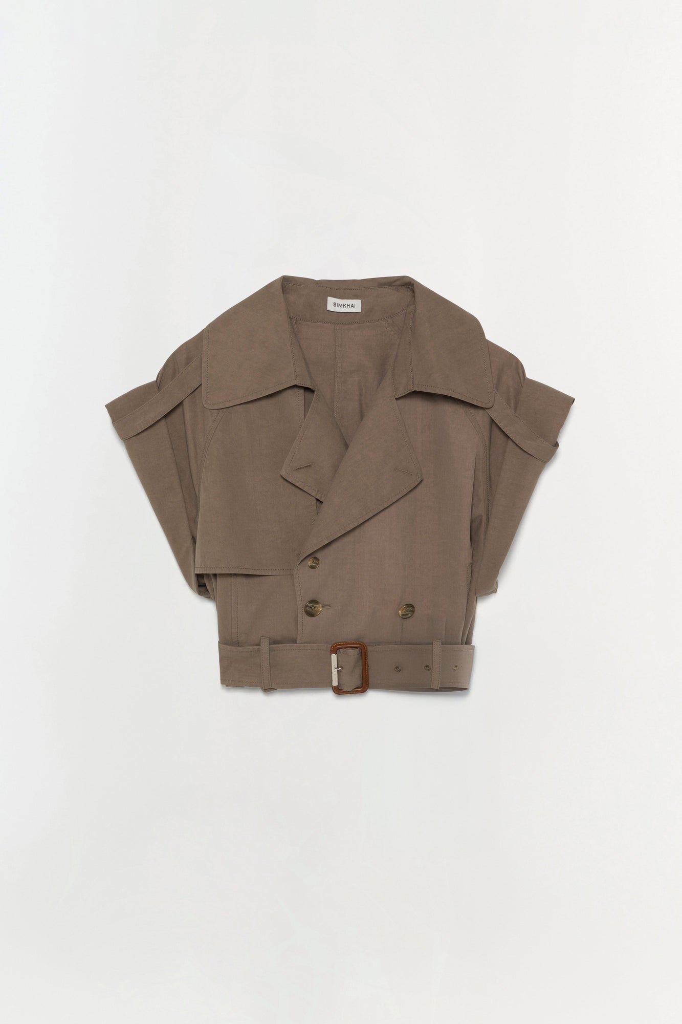 Taupe short-sleeve blazer with peaked lapels, double-breasted buttons, and brown buckle belt detail.
