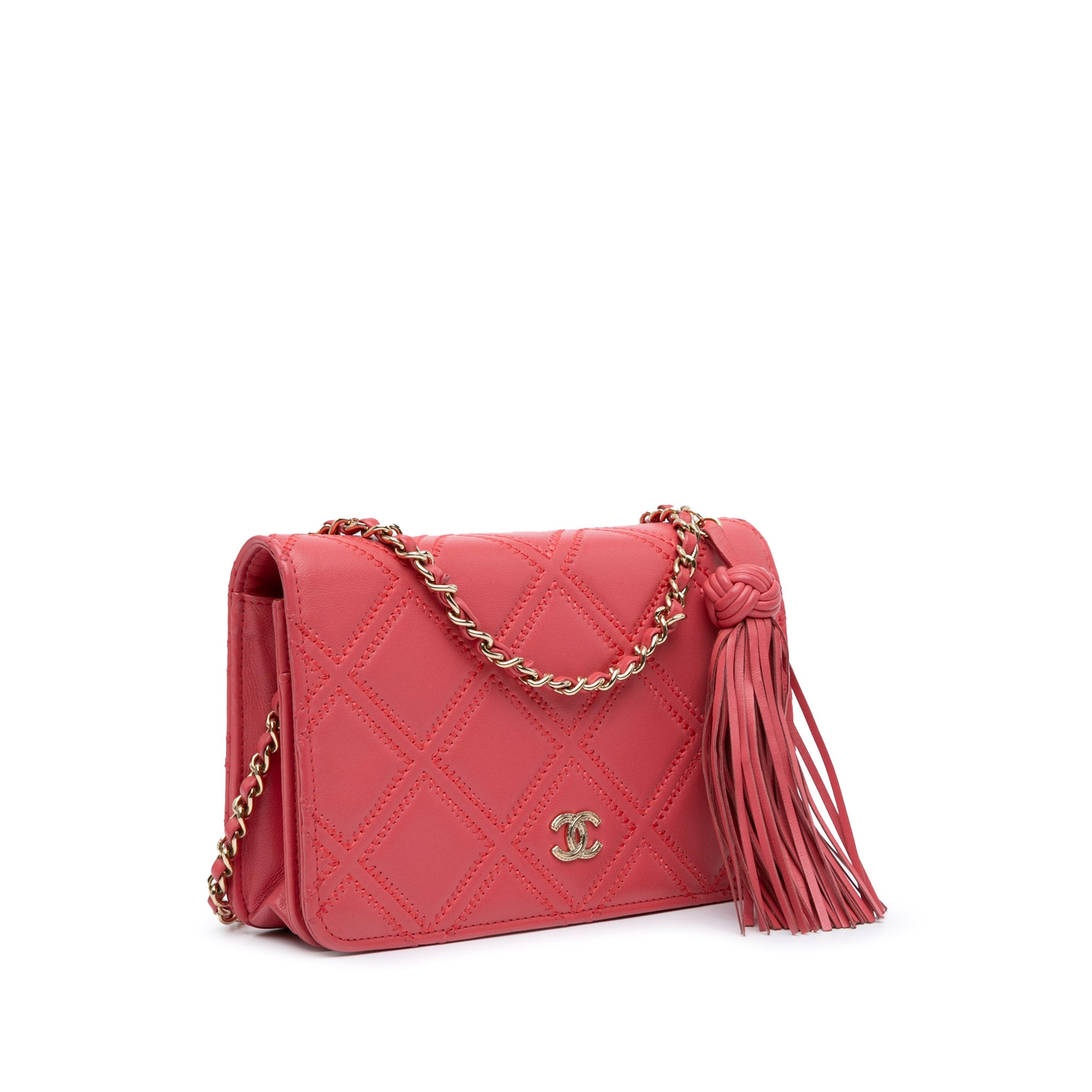 Chanel | Pre-Owned Quilted Lambskin Double Stitch Tassel Wallet On Chain | Pink