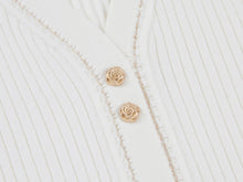 Button V-Neck Ribbed Knit Top | White