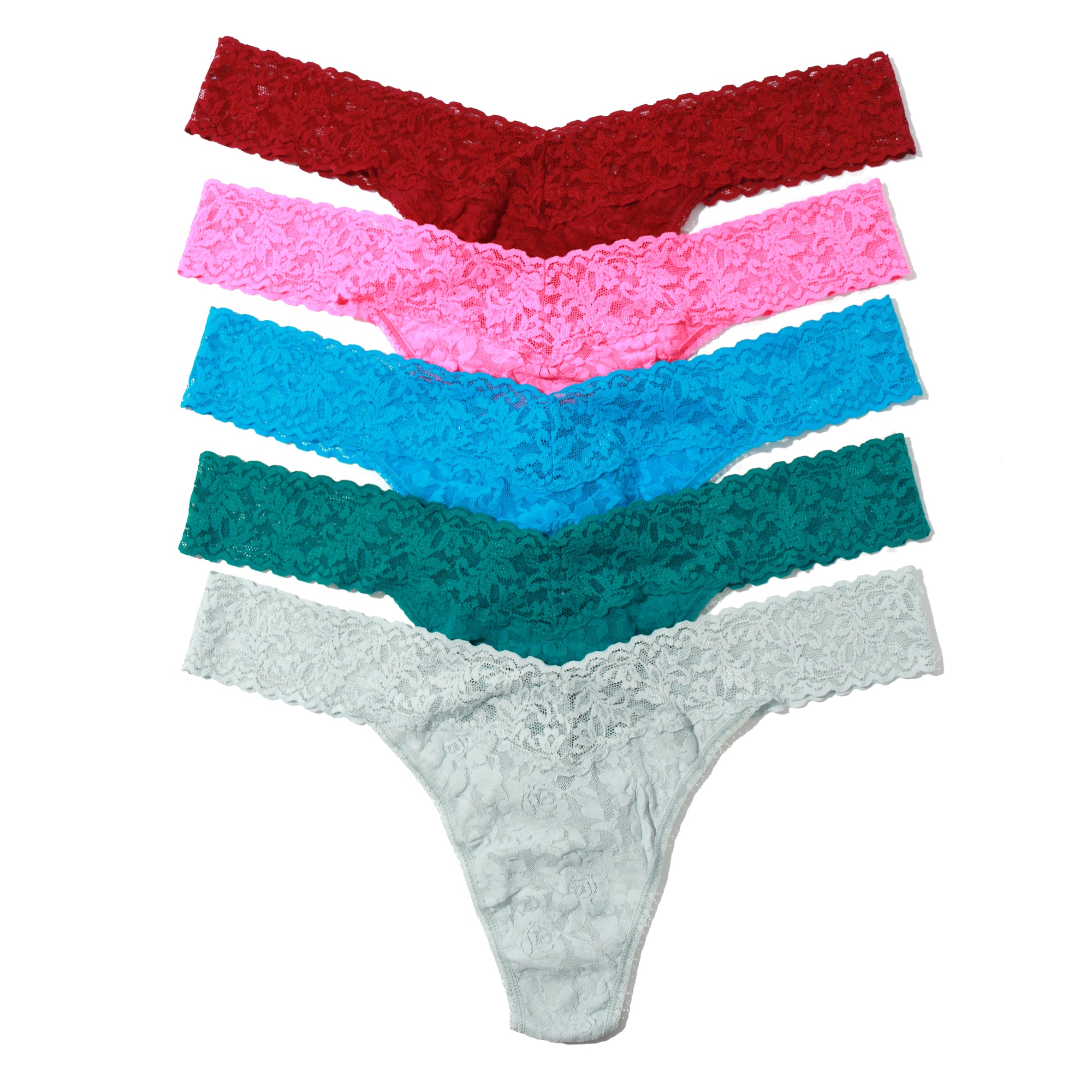 5-Pack Plus Size Signature Lace Original Rise Thong | Dark Pomegranate/Fiesta Pink/Fiji Blue/Dark Teal/Pearl Grey