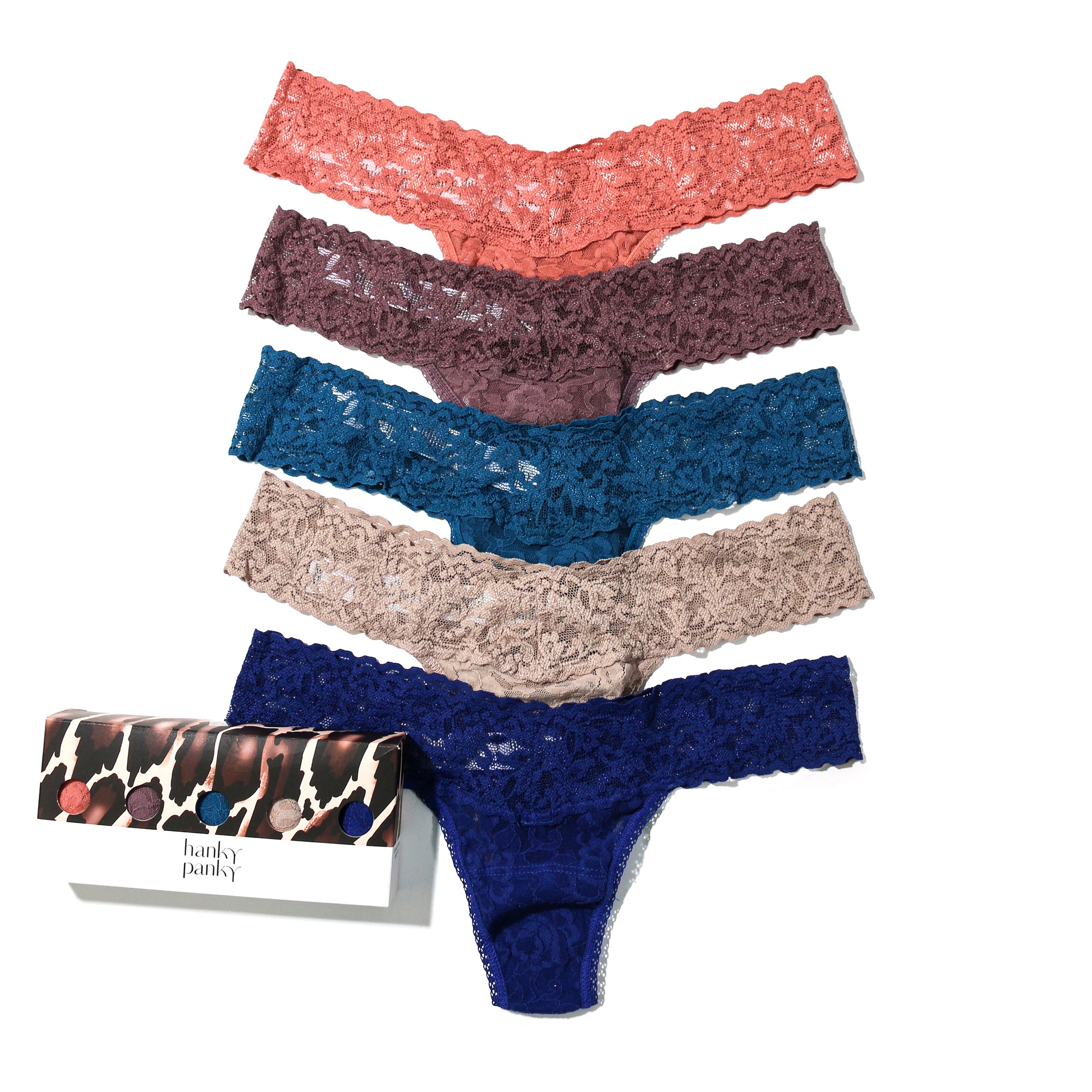 5-Pack Signature Lace Low Rise Thongs | Himalayan Pink/Dusk/Beguiling Blue/Taupe/Midnight Blue