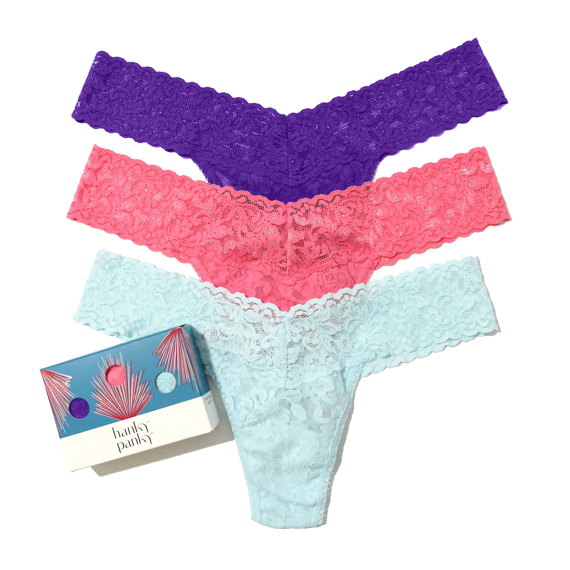 3-Pack Signature Lace Low Rise Thongs | Electric Purple/Raincloud/Guava Pink