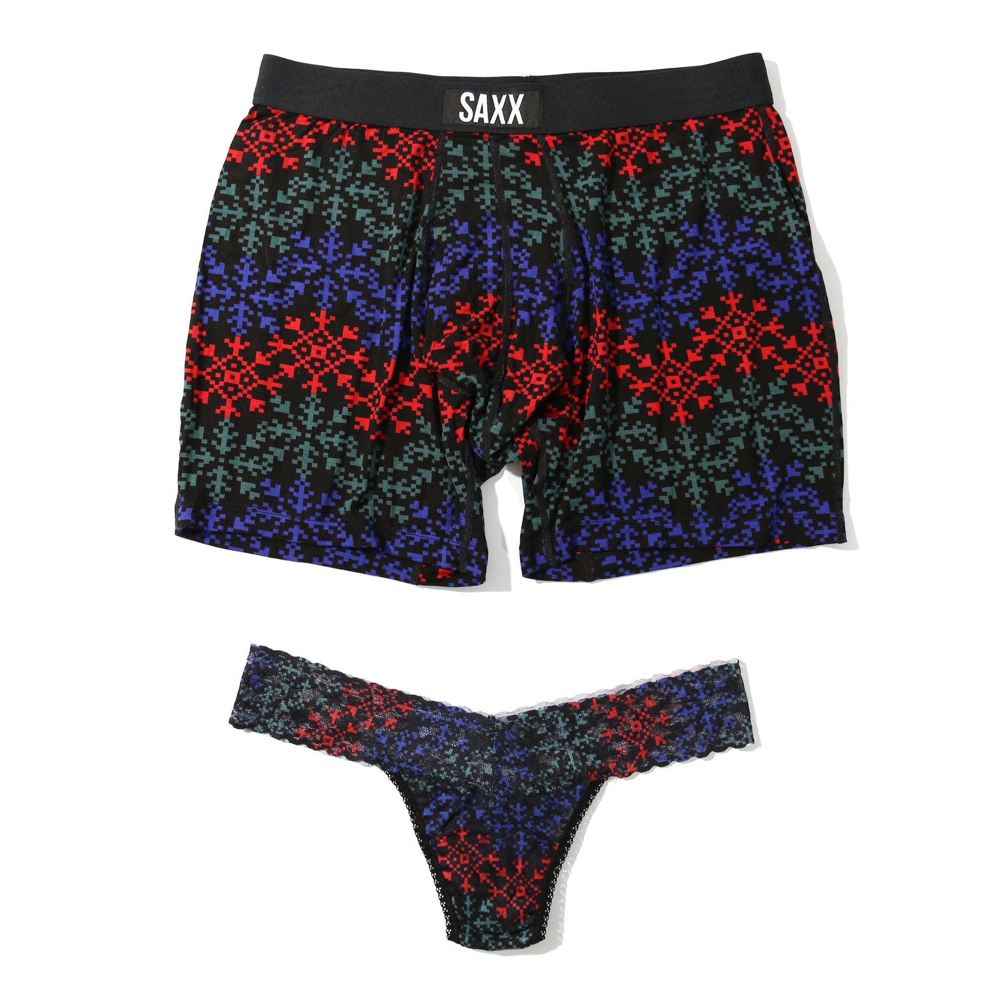 Sinature Lace Low Rise Thong & Saxx Boxer Brief | Snow Flake Chevron (Black)