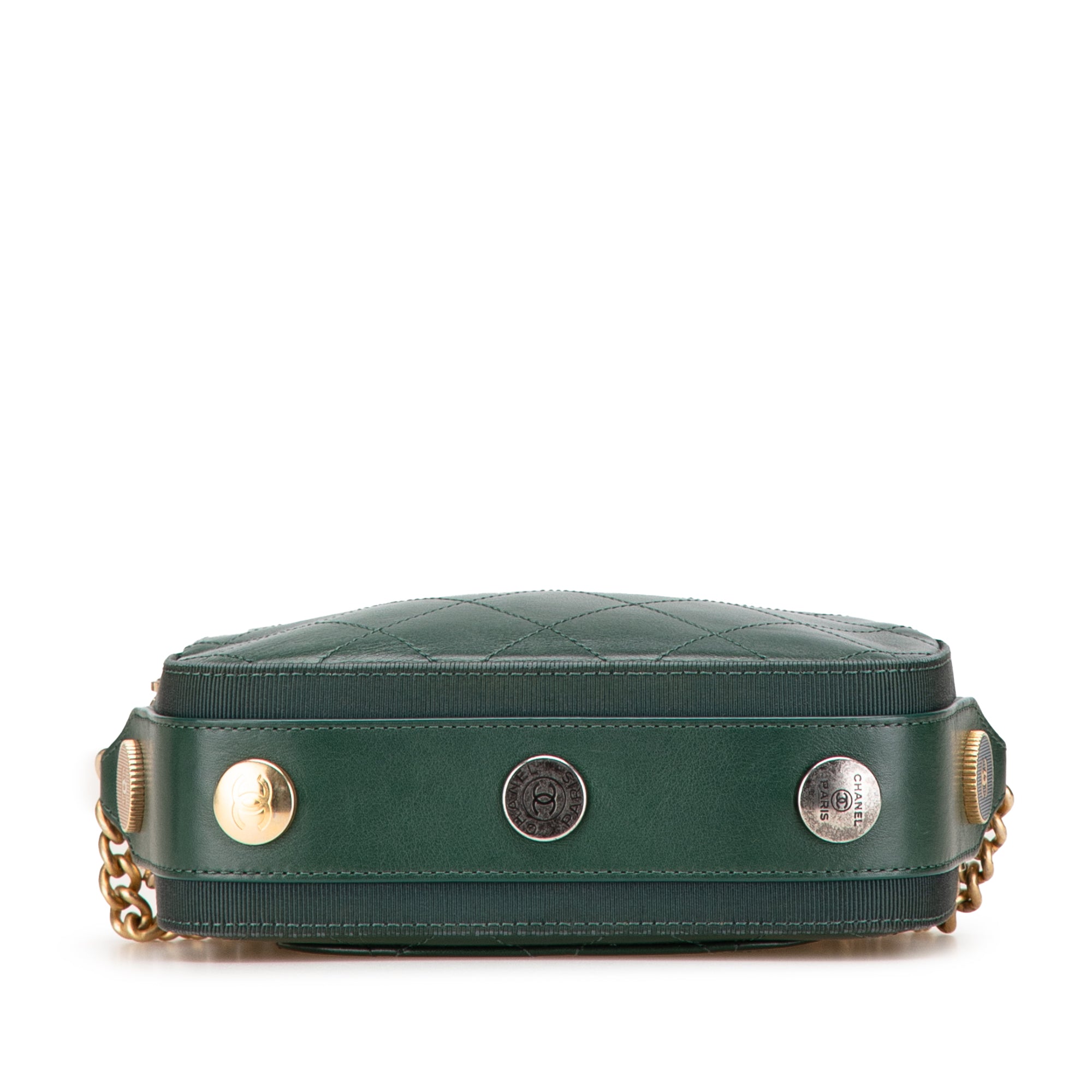 Chanel | Pre-Owned Stitched Calfskin and Grosgrain Button Up Double Zip Camera Bag | Green/Dark Green