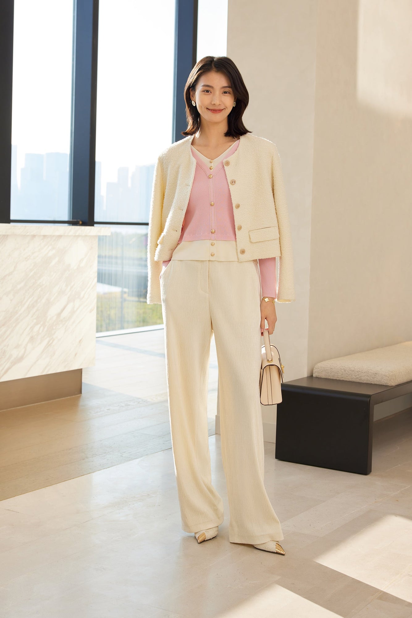 Velvet Pleated Straight Pants | White