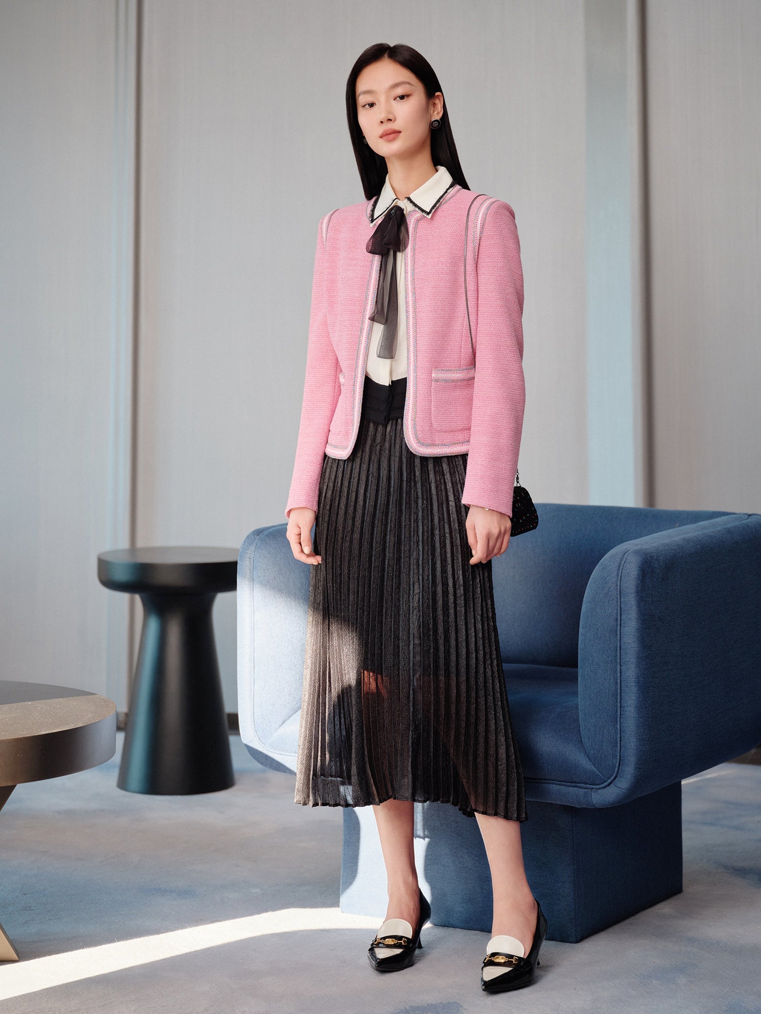 Waist-Cinching Round Neck Coat | Pink