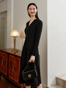 V-Neck Waist-Cinching A-Line Mid-Length Dress | Black