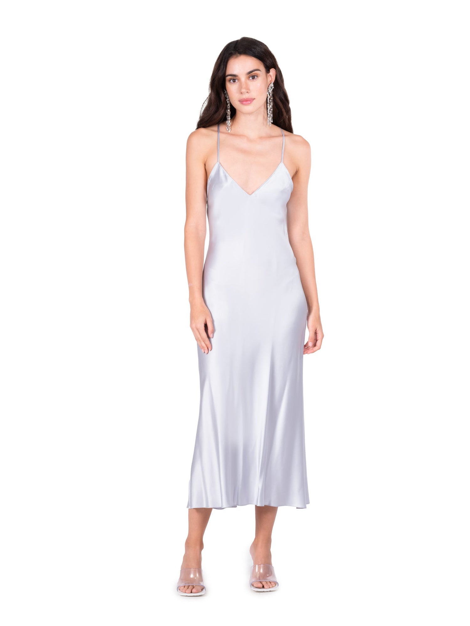 Silver Blue Open Back Cross Strap Midi Slip Dress | Silver Blue