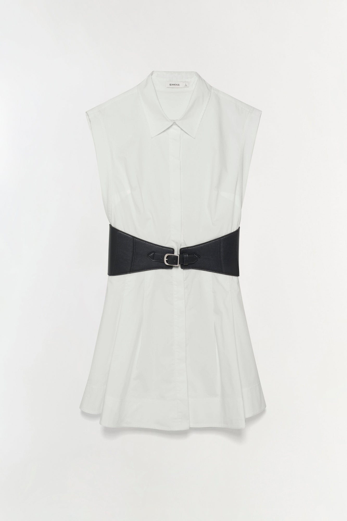 White sleeveless cotton mini dress with collared neckline and black buckled belt at waist.