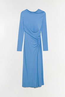 Blue jersey midi dress with draped neckline, long sleeves, and ruched side detail.