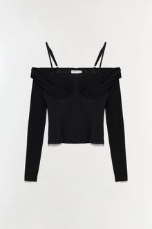 Black off-shoulder top with long sleeves, adjustable straps, and ruched sweetheart neckline.